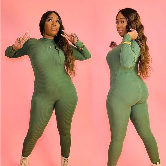 OLIVE RIBBED MOCK NECK LONG SLEEVE JUMPSUIT ROMPER - Picture 3 of 9